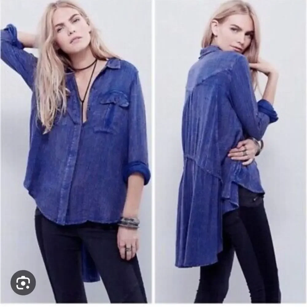 Free People One of the Guys Blue Waffle Knit Button Oversized Long Sleeve XS